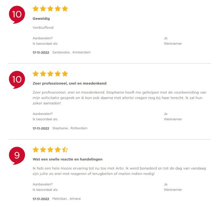 review beoordelingen werknemers ARTO recruitment
